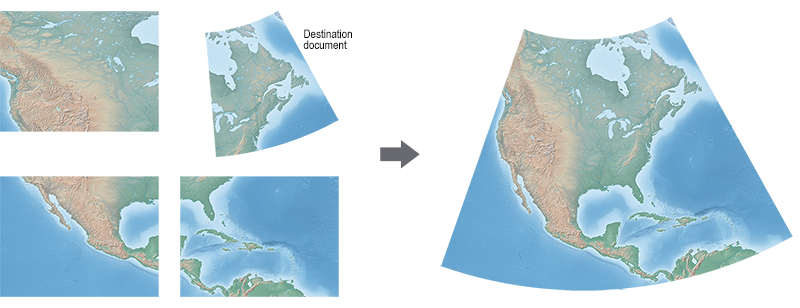 Mosaicking four images together, where the destination document has a projected coordinate system. The result is a mosaic that has a projected coordinate system of the destination document.