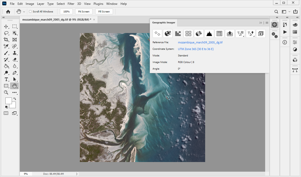 Adobe Photoshop with the Geographic Imager panel docked.